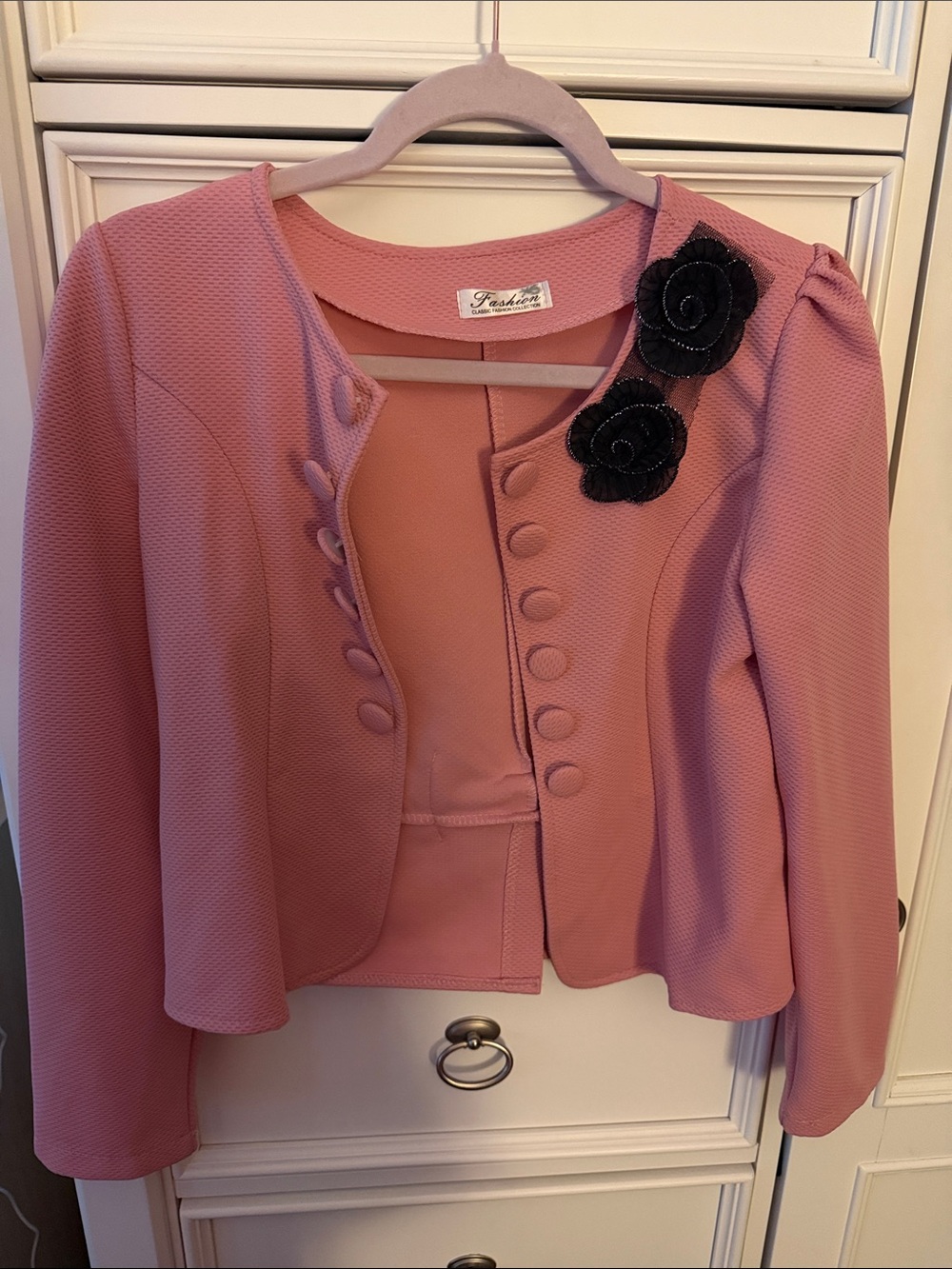 Pink Textured Women's Jacket with Black Flower Accent